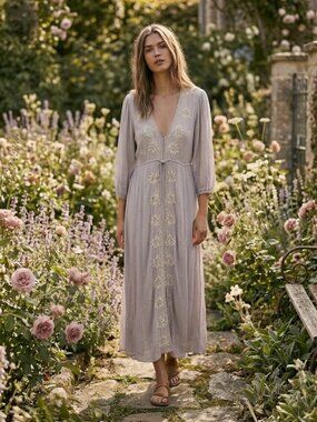 Free People Embroidered Fable Midi Dress M Lilac Gray Dusty Lavender Dove Grey